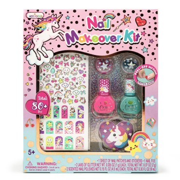 Hot Focus Sparkling Unicorn Nail Art Kit (80+ PCS) - Kids Nail Polish Set for Girls Ages 5 6 7-12, Scented, Pink & Blue Glitter, Stickers, File - Girls Spa Kit, Kid-Friendly Nail Décor