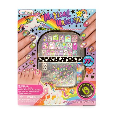 Hot Focus Unicorn Nail Kit - Kids Nail Polish Set for Girls Ages 5 6 7-12 with 77+ Pieces, Spa Kit, Nail Art Decoration Set, Glow-in-the-dark, Stickers, and Water-Based Polish - Girls' Nail Kit.