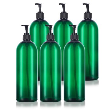 32 oz Green Large Boston Round Plastic PET Bottle (BPA Free) with Black Lotion Pump (6 pack)