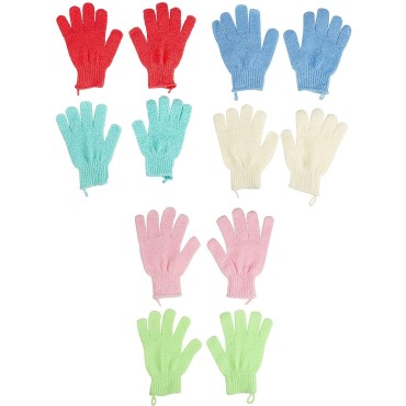 6 Pairs Body Exfoliating Shower Gloves with Hanging Loop, Bath Scrub Wash Mitt for Women, Men, Spa, Massage (Red, Cream, Blue, Pink, Green, Turquoise)