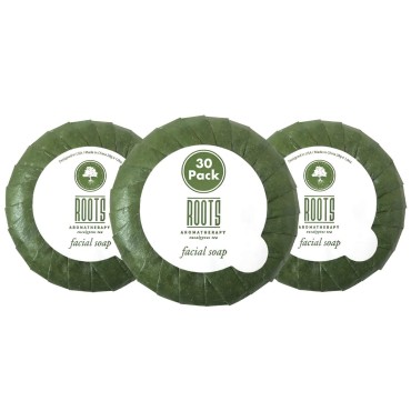 ROOTS AROMATHERAPY 1oz/28g Facial Soap Travel Size Hotel Bulk Pack (Eucalyptus Tea fragrance) Toiletries for Bathroom, Guests, Hotels, Motels, and Lodging (30 pack)