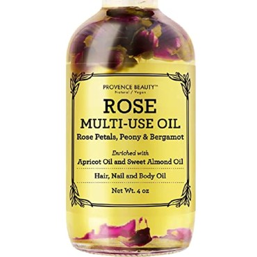 Rose Multi-Use Oil for Face, Body and Hair - Organic Blend of Apricot, Vitamin E and Sweet Almond Oil Moisturizer for Dry Skin, Scalp and Nails - Rose Petals, and Bergamot Essential Oil - 4 Fl Oz