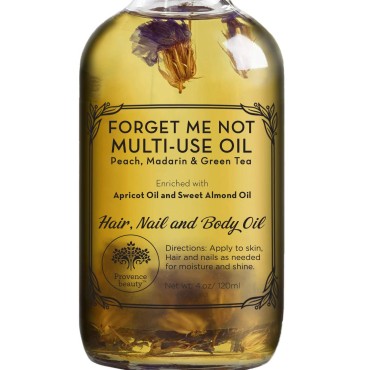 Provence Beauty Multi-Use Oil for Face, Body and Hair - Forget Me Not - Organic Blend of Apricot, Vitamin E and Sweet Almond Oil Moisturizer for Dry Skin, Scalp and Nails - Peach, Mandarin and Green Tea - 4 Fl Oz