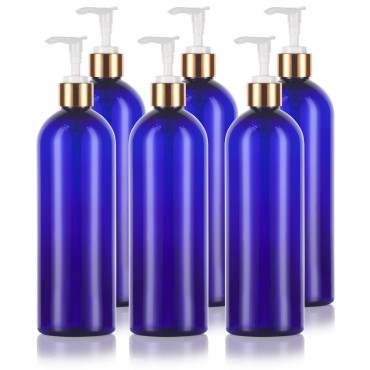 16 oz / 500 ml Cobalt Blue Slim PET Plastic Bottles (BPA Free) with Gold Lotion Pump (6 pack)