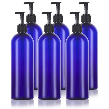 16 oz / 500 ml Cobalt Blue Slim PET Plastic Bottles (BPA Free) with Black Lotion Pump (6 pack)