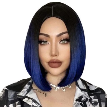 Quick Wig Short Bob Wig Ombre Wig Black to Blue Middle Part Cosplay Party Wig 14 inches Bowl Cut Wig Heat Resistant Fiber Synthetic Wigs for Women Sapphire Blue