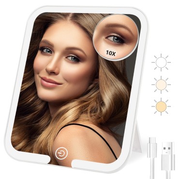 MOMIRA Travel Makeup Mirror with Light and 10X Magnetic Magnifying Mirror, 2000mAh Large Travel Lighted Makeup Mirror, 3 Colors Dimmable 9 Inch Portable Travel Vanity Tabletop Mirror for Women
