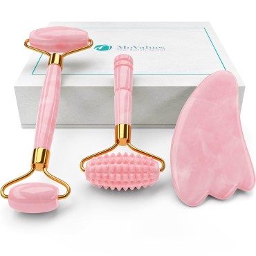 4-in-1 Jade Roller and Gua Sha Set. Rose Quartz Roller with Eye Massager, Ridged Roller For Face Real 100% Jade Stone Roller. Facial Massager Ice Roller