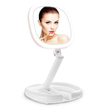 Beautifive Lighted Makeup Mirror, Vanity Mirror with Lights, Double Sided Magnifying Mirror, Brightness&Angle Adjustable, Folding Compact Mirror, LED Mirror for Travel, White Bathroom Mirror