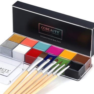 CCbeauty Professional 12 Colors Face Body Paint Kit Oil Non Toxic High Pigment Creamy Painting Palette for Halloween Costume Fancy SFX Cosplay Stage Makeup Set with 6 Wooden Premium Brushes, Deep