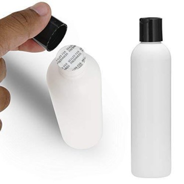 6pcs Empty White HDPE Bottle 8oz - Bullet Round Plastic Bottles - 24/410 Neck Black Disc Cap - 24 mm Foil Pressure Seal for Freshness and Leak Prevention - Phthalates Free Approved for Safe Cosmetics
