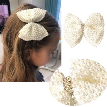 2 Pack 3.5inch White Rhinestone Hair Bows for Girls Cute Pearls Hair Bow with Alligator Hair Clips Beads Hairgrip for Kids Toddlers Teens Children