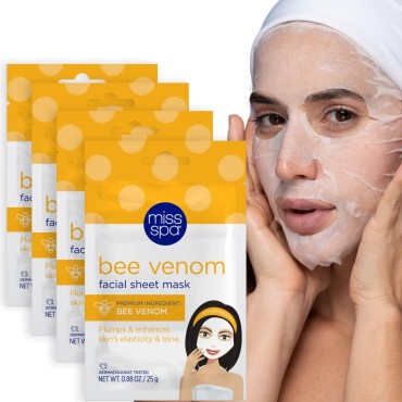 MISS SPA Face Masks Skin Care Bee Venom, Anti-Aging Skin Care for Women, Plumps Skin Face Mask Beauty, Hydrating Moisturizing and Nourishing Face Sheet Masks, 4 Pack