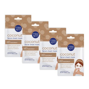 MISS SPA Coconut Facial Sheet Mask Set for Dry Skin, Moisturizing and Hydrating, Anti-Aging, Anti-Wrinkle, Skin Care for Women, 4-Pack