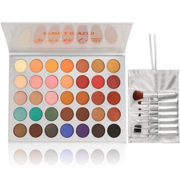 35 Colors Eyeshadow Palette with 7Pcs Makeup Brushes Set, All in One Makeup Kit Matte Shimmer Pigmented Eye Shadow Pallete Waterproof Powder Natural Nude Naked Smokey