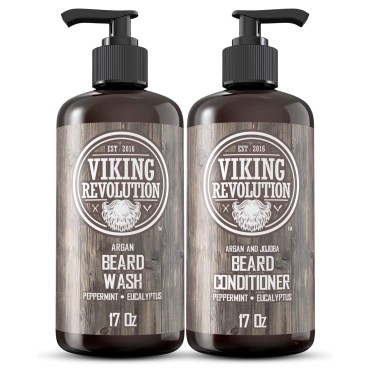 Viking Revolution Beard Wash & Conditioner Set w/Argan & Jojoba Oils - Softens, Smooths & Strengthens Beard Growth - Natural Peppermint and Eucalyptus Scent - Shampoo (17 oz)