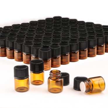 Wresty 100 Packs Essential Oil Bottles,1ml(1/4 dram) Mini Sample bottle Amber Glass Vials,With With 3 Free Dropper