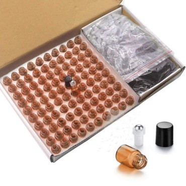 Essential Oil Roller Bottles 2ml 100Packs 5/8 Dram Amber Sample Vial Roll On Glass Bottles with Metal Roller Balls Glass Bottles for Essential Oils Aromatherapy Perfumes-Black Lid,1 Opener Included