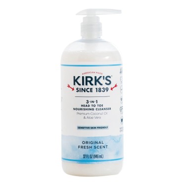Kirk's 3-in-1 Castile Liquid Soap Head-to-Toe Natural Shampoo, Face Soap & Body Wash for Men, Women & Children | Coconut Oil + Aloe Vera | Original Fresh Scent | 32 Fl Oz. Pump Bottle