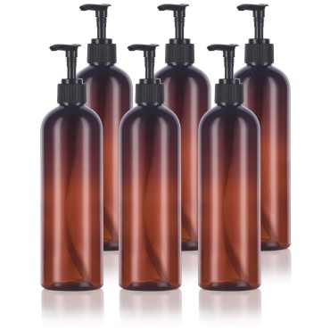 12 oz Amber Slim Tall Boston Round Plastic PET Bottle (BPA Free) with Black Lotion Pump (6 pack)