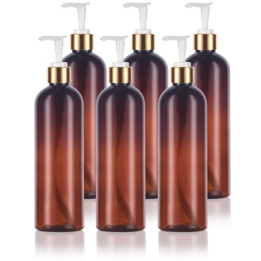 12 oz Amber Slim Tall Boston Round Plastic PET Bottle (BPA Free) with Gold Lotion Pumps (6 pack)