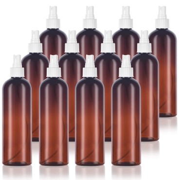 12 oz Amber Slim Tall Boston Round Plastic PET Bottle (BPA Free) with White Fine Mist Spray (12 pack)