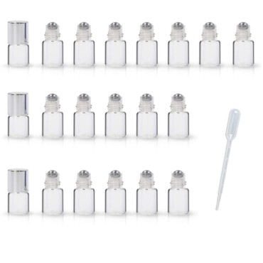 ZbFwmx 20 Pack Set 1ML Mini Sample Roll Glass Bottles for Essential Oils Roller Refillable Perfume Roll Bottle (Pure-Sliver)