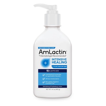 AmLactin Intensive Healing Body Lotion for Dry Skin - 14.1 oz Pump Bottle - 2-in-1 Exfoliator & Moisturizer with Ceramides & 15% Lactic Acid for Relief from Dry Skin (Packaging May Vary)