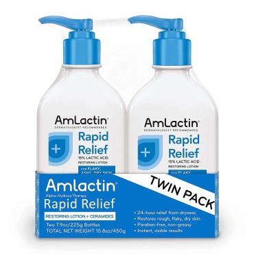 AmLactin Intensive Healing Body Lotion For Dry Skin - 7.9 oz Pump Bottles (Twin Pack) - 2-in-1 Exfoliator And Moisturizer With Ceramides And 15% Lactic Acid For 24-Hour Relief From Dry Skin