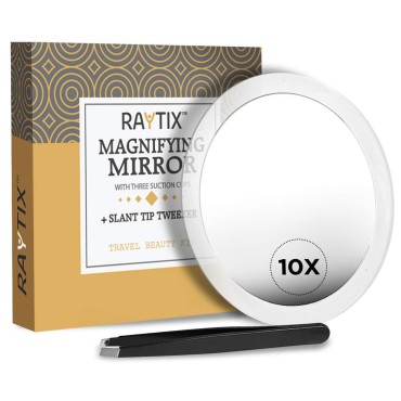 10X Magnifying Mirror & Slant Tweezers Set Makeup Application & Eyebrow Removal Essentials | Round Mirror With 3 Suction Cups & Stainless Steel Slant Tip Tweezer Use for Makeup Application 6 Inch