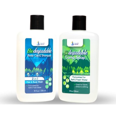 Biodegradable Shampoo & Body Wash Organic 8 oz and Camp Soap 8 oz Bottle Soap Bundle (2 Items) For Fresh & Salt Water, No Dies or Fragrances, Organic Body Wash, Travel Size Body Wash, Travel Shampoo