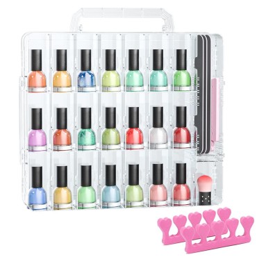 JIASHENG Nail Polish Organizer Case for 48 Bottles, Gel Nail Polish Storage Holder Double Side Adjustable Space Divider for Acrylic Nail Gel Dip Powder Tips Set with Two Toe Separator