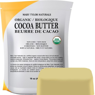 Mary Tylor Naturals Organic Cocoa Butter 1 lb - USDA Certified Raw Unrefined, Non-Deodorized, Rich In Antioxidants - for DIY Recipes, Lip Balms, Lotions, Creams, Stretch Marks