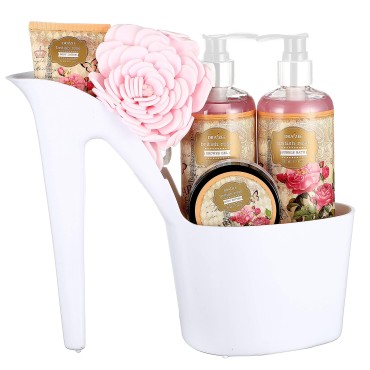 Draizee Spa Basket For Women 5 Pcs Heel Shoe Rose Scented Home Relaxation Fragrance Spa Gift Basket Set with Body Lotion & Butter, Shower Gel, Bubble Bath Christmas Gift Basket for Women
