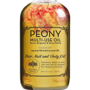 Provence Beauty Peony Multi-Use Oil for Face, Body and Hair - Organic Blend of Apricot, Vitamin E and Sweet Almond Oil Moisturizer for Dry Skin, Scalp & Nails - Rose Petals & Bergamot Essential Oil - 4 Fl Oz