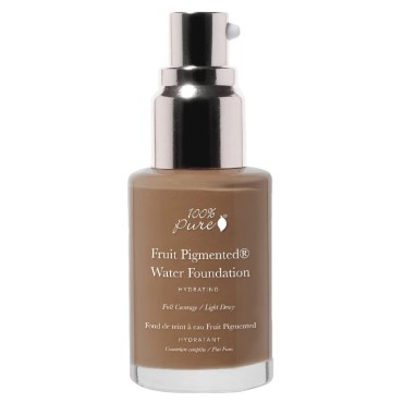 100% PURE Water Foundation Full Coverage Hydrating Makeup, Light Dewy Finish, Moisturizing Concealer for Normal to Dry Skin - Fruit Pigment Color Warm 7.0 w/Yellow Undertones for Dark Skin - 1 Fl Oz