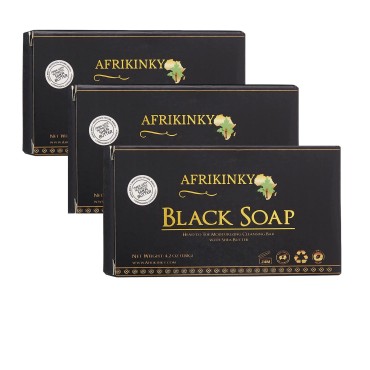 AFRIKINKY Black Soap (3 Bars) | Authentic African Black Soap | Pure Raw Grade A - Skin Nourishing, Moisturizing -For Skin,Hair Care (Ghana) Premium (3 packs)