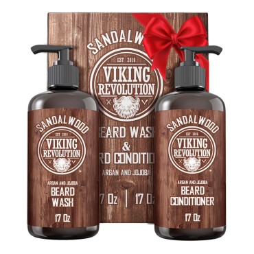 Viking Revolution Beard Wash & Beard Conditioner Set w/Argan & Jojoba Oils - Softens & Strengthens - Natural Sandalwood Scent - Beard Shampoo w/Beard Oil (17 oz)