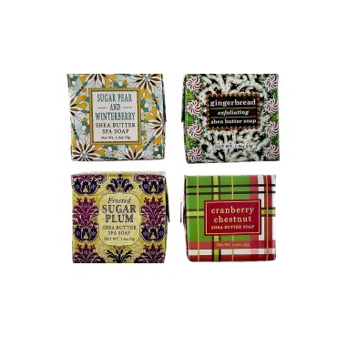 Christmas Holiday Soap Sampler - Gift Boxed Set of 4 Holiday Assorted Scents - Enriched with Shea Butter, Essential Oils, Natural Extracts (Gingerbread, Cranberry Chestnut, Sugar Pear & Sugar Plum)
