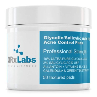 QRxLabs Glycolic/Salicylic Acid 10/2 Acne Control Pads with 10% Ultra Pure Glycolic + 2% Salicylic Acid, Allantoin, Vitamins B5, C & E, Calendula Green Tea - Most Effective Treatment Clear Skin