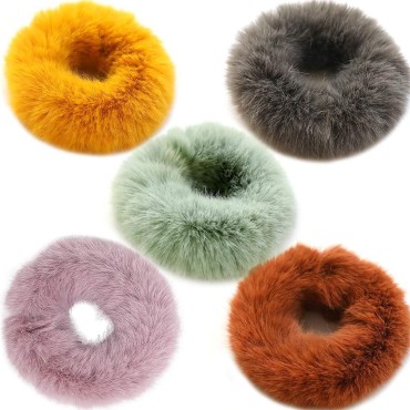 5PCS Women Girl kid's Fashion Sweet Rabbit Faux Fur Fluffy Ball Pom Pom Scrunchies Elastic Ponytail Holder Hair Rope Hair Accessories