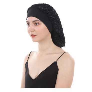 DuoZan Vintage Elastic Wide Band Snood Bonnet Double Layered Hair Net Night Sleep Hat Crocheted Slouchy Beanie (Black)