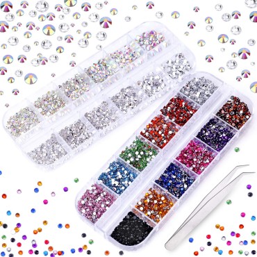 3000 PCS Rhinestones for Craft, PHOGARY AB Rhinestones Flat Back (small size 1.5-5 mm) 13 Colors with Pick Up Tweezer for Crafts Nail Face Art Clothes Shoes Bags Phone Case DIY