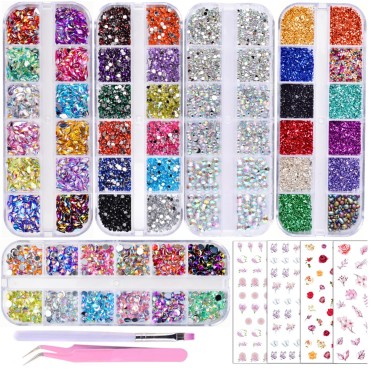 editTime 5000 Pieces (5 Boxes) Shiny Colorful Nail Art Rhinestones Nail Stone Gems Design Kit and 4 sheets flower nail art stickers with a Curved Tweezers and a Nail Brush (multicolor)
