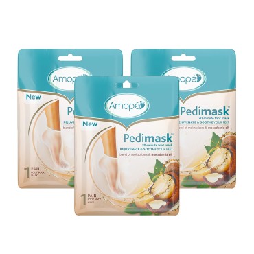 Amopé Pedi Mask 20-Minute Foot Mask, Intensely Moisturizing Socks, Self-Care, Time to Get Nuts with Macadamia Nut Oil, Urea & Vitamin Complex for Long Lasting Hydration, 3 pair (Packaging May Vary)