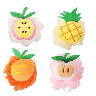 Rocutus 4pcs Child Bath Shower Sponge Pouf Loofahs Mesh Brush Shower Ball Cute Bath Flower with Hooks for Travel (Mixed 3)