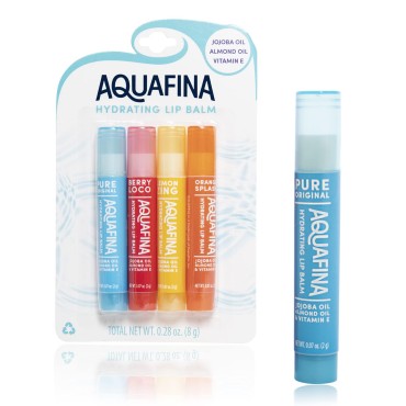 Aquafina Hydrating Lip Balm, Jojoba & Almond Oils, VIT. E, New Flavors- 4 Pack (Lemon Zing, Orange Splash, Berry Loco, Pure Original)