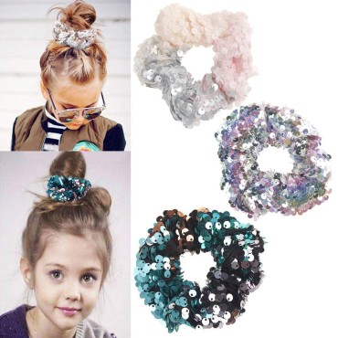 3Pcs Shiny Sequin Hair Scrunchies Hairbands, Women Girls Elastic Glitter Fashion Scrunchie Hair Ties Ropes Hair Bands Headwear Ponytail Holders Bun Cover Hair Accessories for Gym Dance Party Club, B