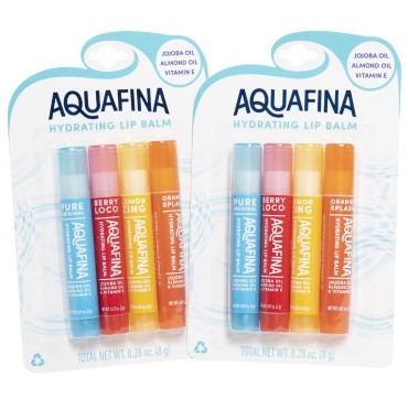 Aquafina Hydrating Lip Balm (2) 4-Packs, Jojoba & Almond Oils, Vit. E, New Flavors (Lemon Zing, Orange Splash, Berry Loco, Pure Original) Total of 8 sticks Lip Ointment Healing Therapy for Lips