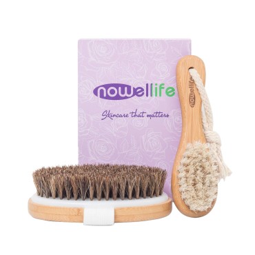 Dry Brush Set for Body and Face: Bamboo Body Scrubber Bath Brush for Dry and Wet Brushing, Facial Dry Brush, Face Cleansing - Horse Bristles Best for Dry Skin, Face and Body Exfoliation